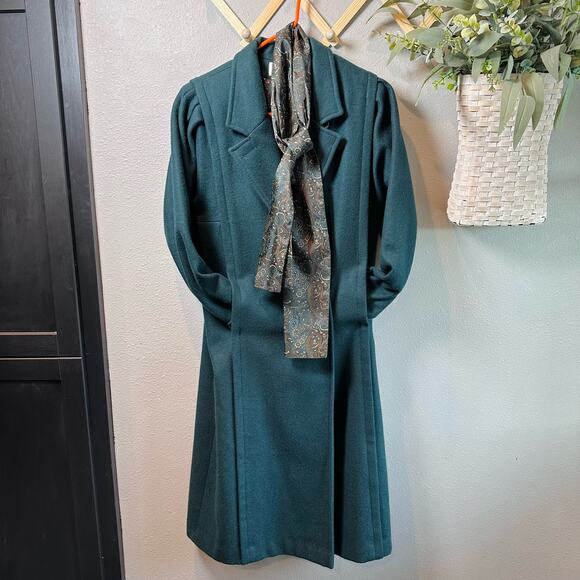 VTG Petite Essentials Green Wool Dress Coat Women's 10P Long Sleeve Button Up - Picture 4 of 13
